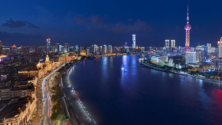 High angle night view of the Bund in Shanghai