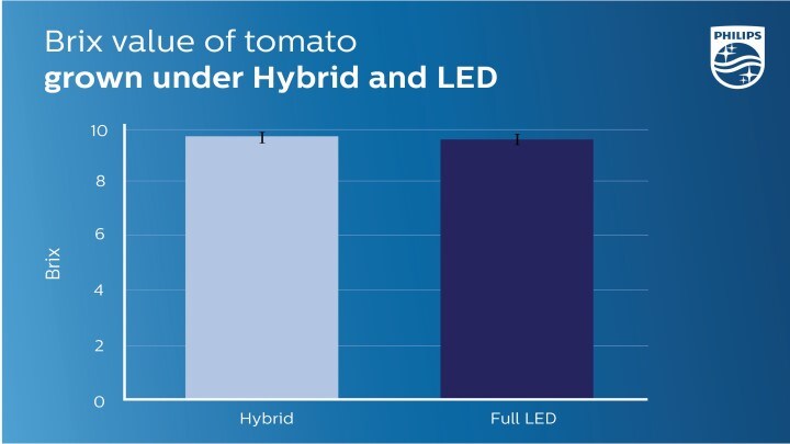 The brix degree of the trial tomatoes is comparable for both hybrid and full LED lighting solutions