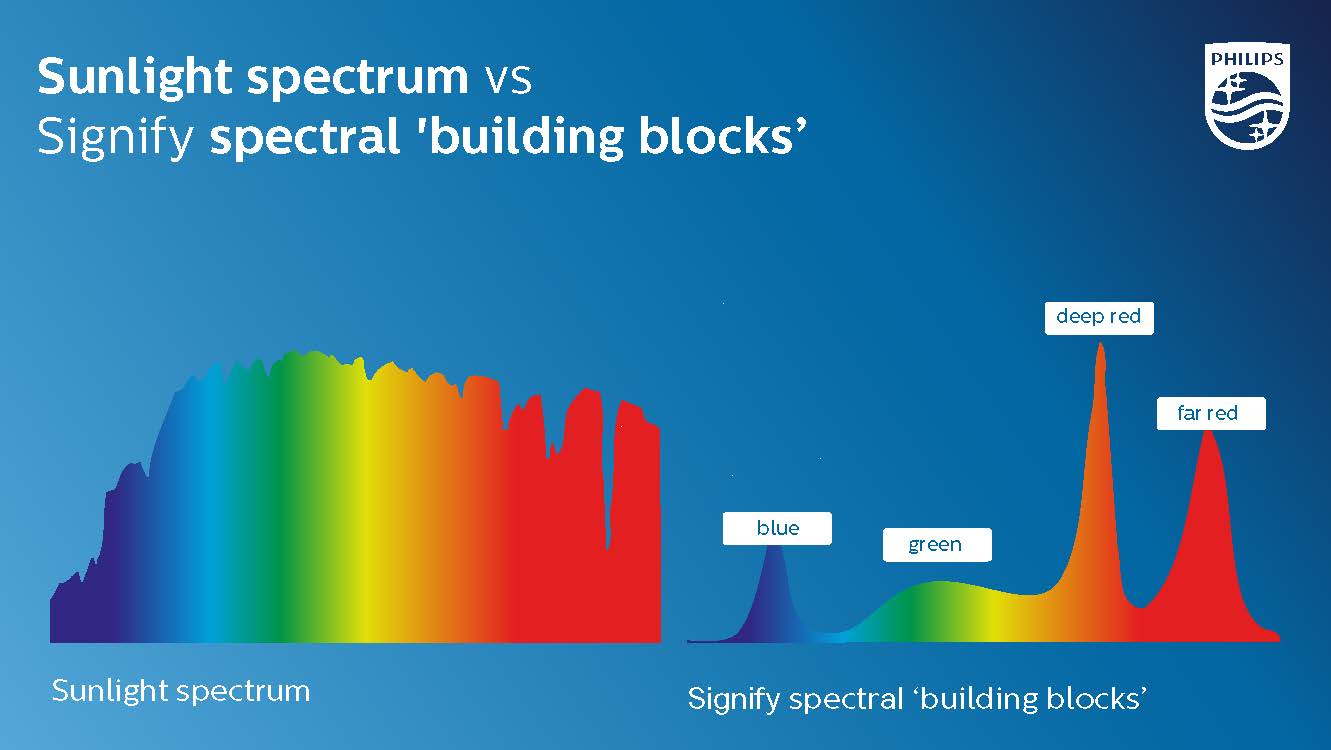 Figure 1, Sunlight spectrum vs the Signify spectrum, which contains far red. 